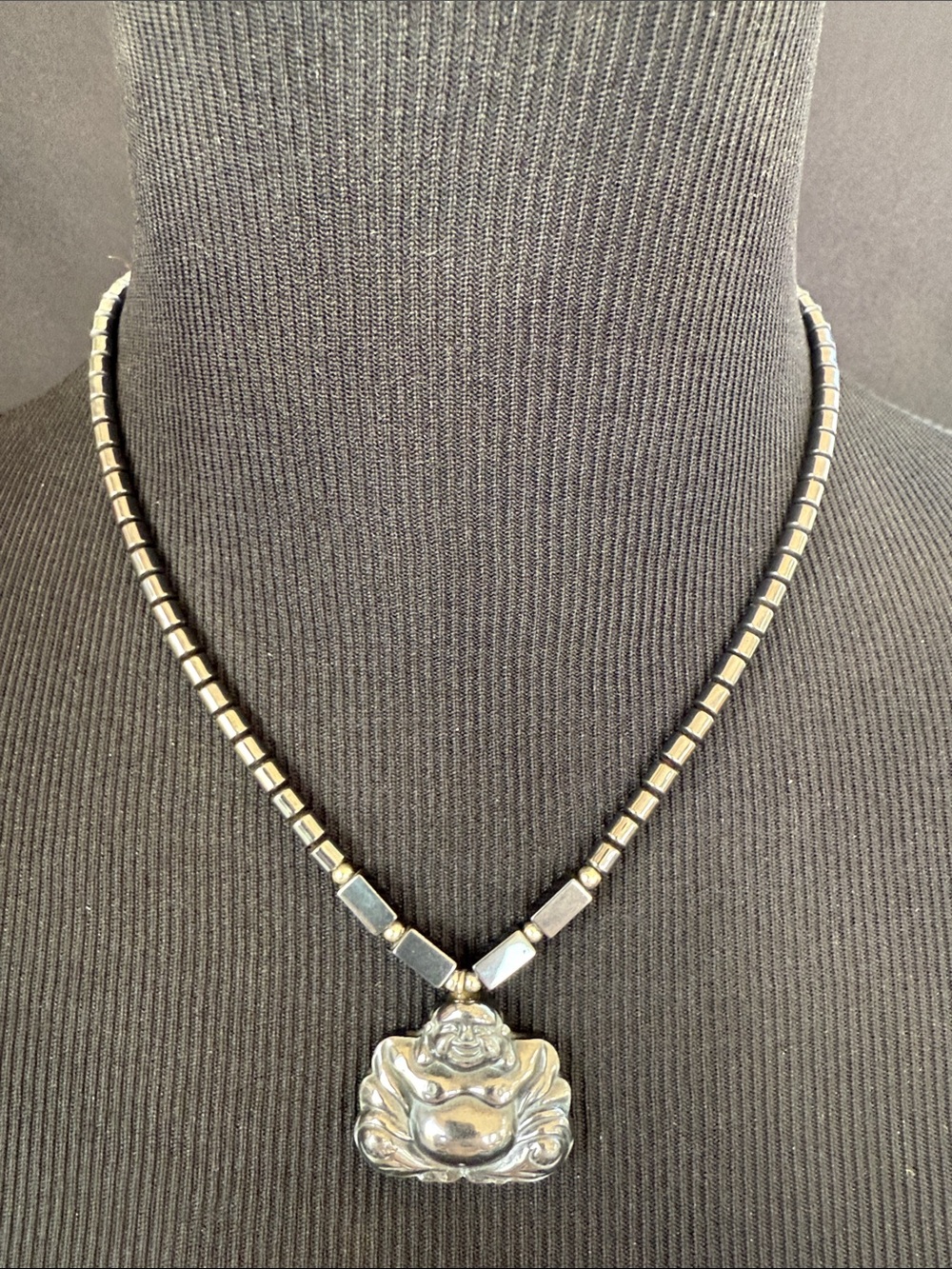 Vintage hematite Laughing Buddha Pendant Necklace